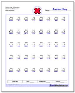 Multiple Digit Multiplication Zero in Tens Place Set 1 Worksheet
