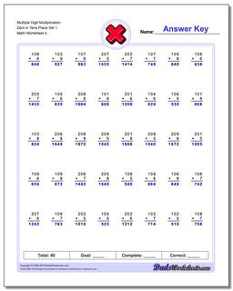 Multiple Digit Multiplication Zero in Tens Place Set 1 Worksheet