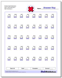 Multiple Digit Mulitplication Zero in Tens Place Set 3 Multiplication Worksheet