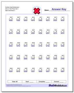Multiple Digit Multiplication Zero in Tens Place Set 3 Worksheet