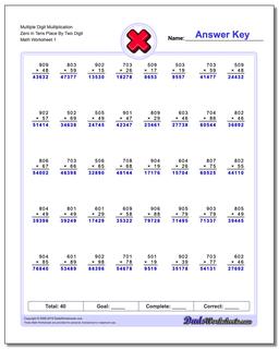 Multiple Digit Mulitplication Zero in Tens Place By Two Digit Multiplication Worksheet