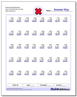 Multiple Digit Multiplication Zero in Tens Place By Two Digit Worksheet