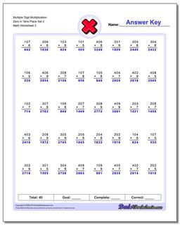 Multiple Digit Multiplication Zero in Tens Place Set 2 Worksheet