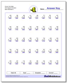 One by Two Digits With Negative Numbers Worksheet