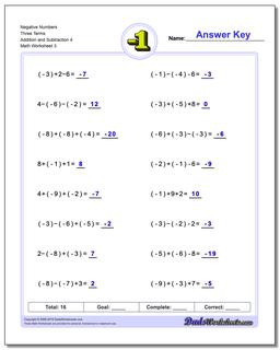 Negative Numbers Three Terms Addition Worksheet and Subtraction Worksheet 4