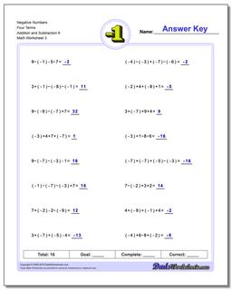 Negative Numbers Four Terms Addition Worksheet and Subtraction Worksheet 6
