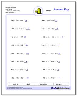 Negative Numbers Four Terms Addition Worksheet and Subtraction Worksheet 7
