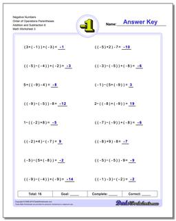 Negative Numbers Order of Operations Parentheses Addition Worksheet and Subtraction Worksheet 8