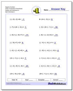 Negative Numbers Order of Operations Parentheses Addition Worksheet and Subtraction Worksheet 8