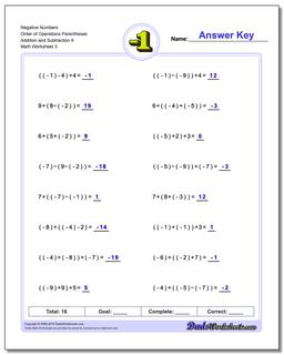 Negative Numbers Order of Operations Parentheses Addition Worksheet and Subtraction Worksheet 9