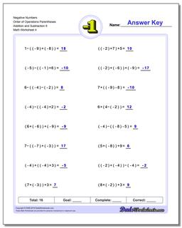 Negative Numbers Order of Operations Parentheses Addition Worksheet and Subtraction Worksheet 9