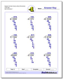 Negative Numbers Number Division Worksheet without Remainders Three Digit