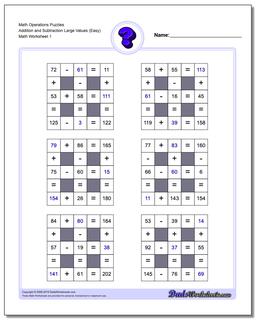 Number Grid Puzzle Math Operations Addition and Subtraction Large Values (Easy)