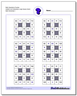 Number Grid Puzzle Math Operations Addition and Subtraction Large Values (Hard)
