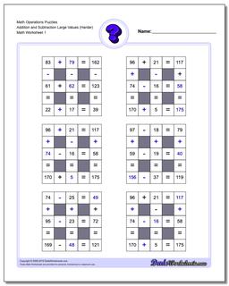 Number Grid Puzzle Math Operations Addition and Subtraction Large Values (Harder)