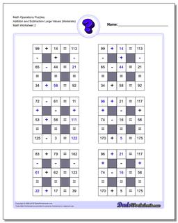 Math Operations Puzzle Addition and Subtraction Large Values (Moderate) /worksheets/number-grid-puzzles.html