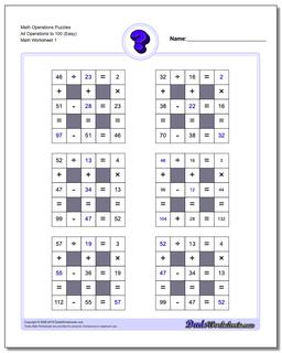 Number Grid Puzzle Math Operations All Operations to 100 (Easy)