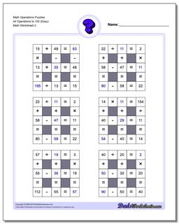 Math Operations Puzzle All Operations to 100 (Easy) /worksheets/number-grid-puzzles.html