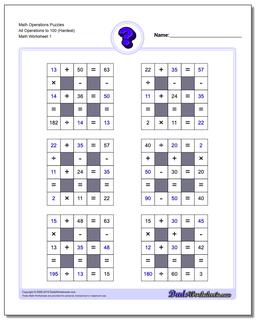 Number Grid Puzzle Math Operations All Operations to 100 (Hardest)