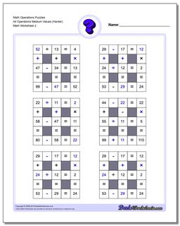 Math Operations Puzzle All Operations Medium Values (Harder) /worksheets/number-grid-puzzles.html