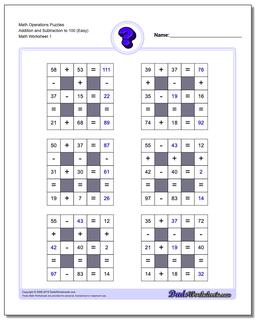 Number Grid Puzzle Math Operations Addition and Subtraction to 100 (Easy)