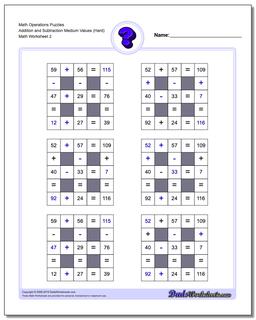 Math Operations Puzzle Addition and Subtraction Medium Values (Hard) /worksheets/number-grid-puzzles.html