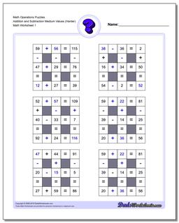 Number Grid Puzzle Math Operations Addition and Subtraction Medium Values (Harder)