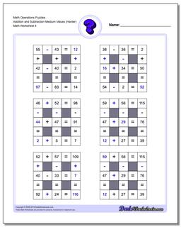 Math Operations Puzzle Addition and Subtraction Medium Values (Harder)