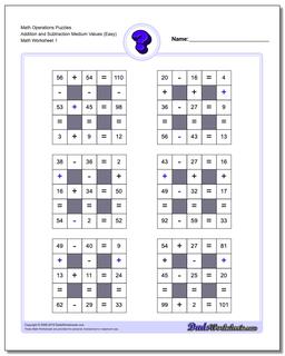 Number Grid Puzzle Math Operations Addition and Subtraction Medium Values (Easy)