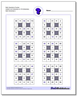 Math Operations Puzzle Addition and Subtraction to 100 (Moderate) /worksheets/number-grid-puzzles.html