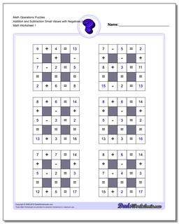 Number Grid Puzzle Math Operations Addition and Subtraction Small Values with Negatives (Hardest)