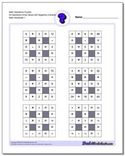 Number Grid Puzzle Math Operations All Operations Small Values with Negatives (Hardest)