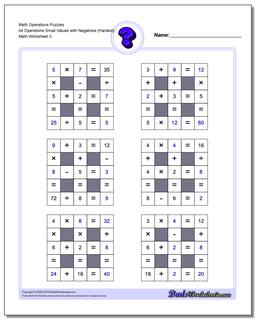 Math Operations Puzzle All Operations Small Values with Negatives (Hardest)