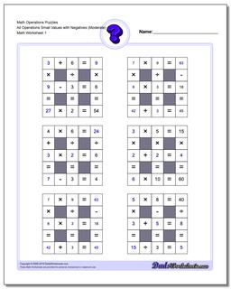 Number Grid Puzzle Math Operations All Operations Small Values with Negatives (Moderate)