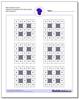 Math Operations Puzzle Addition and Subtraction Small Values (Harder) /worksheets/number-grid-puzzles.html