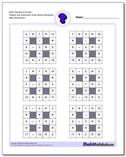 Math Operations Puzzle Addition and Subtraction Small Values (Moderate) /worksheets/number-grid-puzzles.html