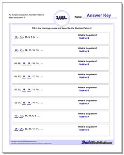 Number Patterns Alt Simple Subtraction Worksheet