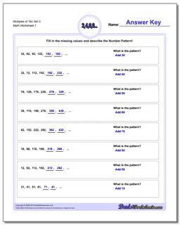Multiples of Ten Set 3 Number Patterns Worksheet