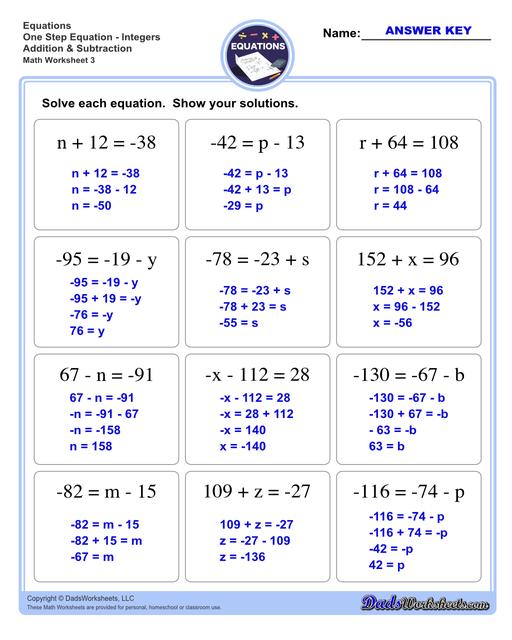 Solve Addition And Subtraction Equations Worksheet