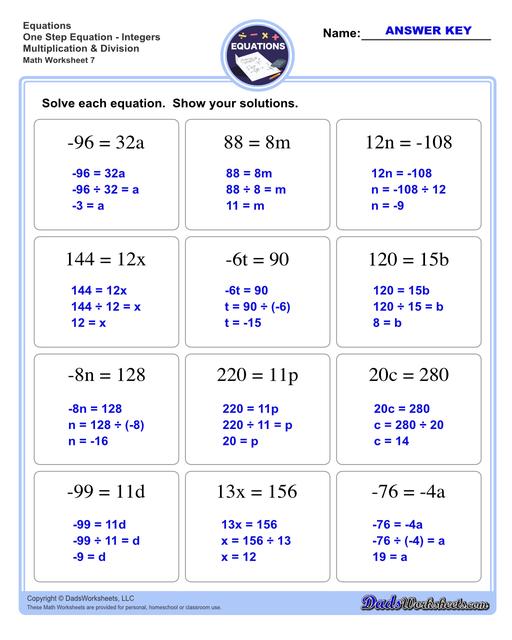 Two Step Equations Using Addition And Multiplication Worksheet