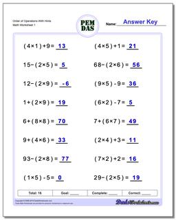 Order of operations worksheet with parentheses and hints, testing knowledge of PEMDAS rules