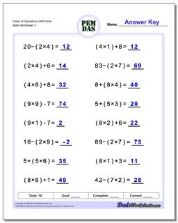 Order of Operations with Parentheses, brackets & braces Worksheet