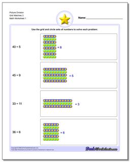 Picture Math Division Worksheet Grid Matches 3