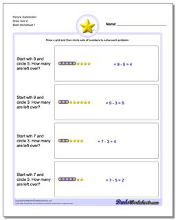 Picture Math Subtraction Worksheet Draw Grid 2