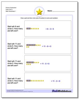Picture Math Subtraction Worksheet Draw Grid 3