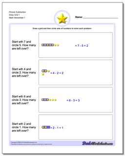 Picture Math Subtraction Worksheet Draw Grid 1
