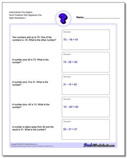 Add-Subtract Pre-Alegbra Word Problems Worksheet With Negatives One /worksheets/pre-algebra-word-problems.html