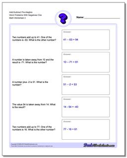 Add-Subtract Pre-Alegbra Word Problems Worksheet With Negatives One