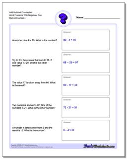 Add-Subtract Pre-Alegbra Word Problems Worksheet With Negatives One