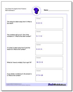 Easy Mixed Pre-Algebra Word Problems Worksheet